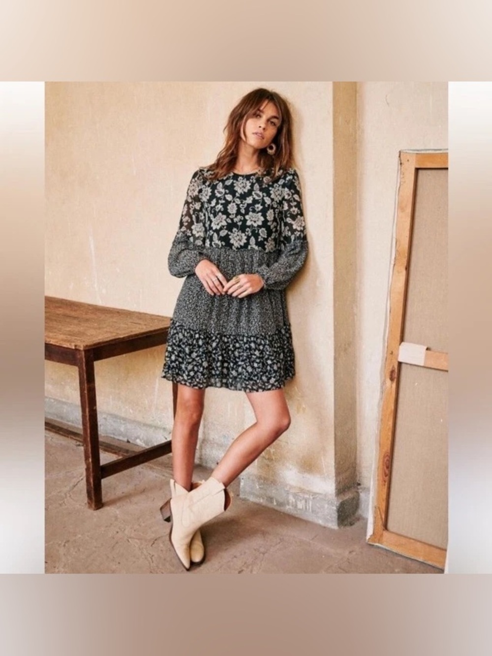 Sézane Floral Tiered Long-Sleeve Mini Dress black long al serve size 40